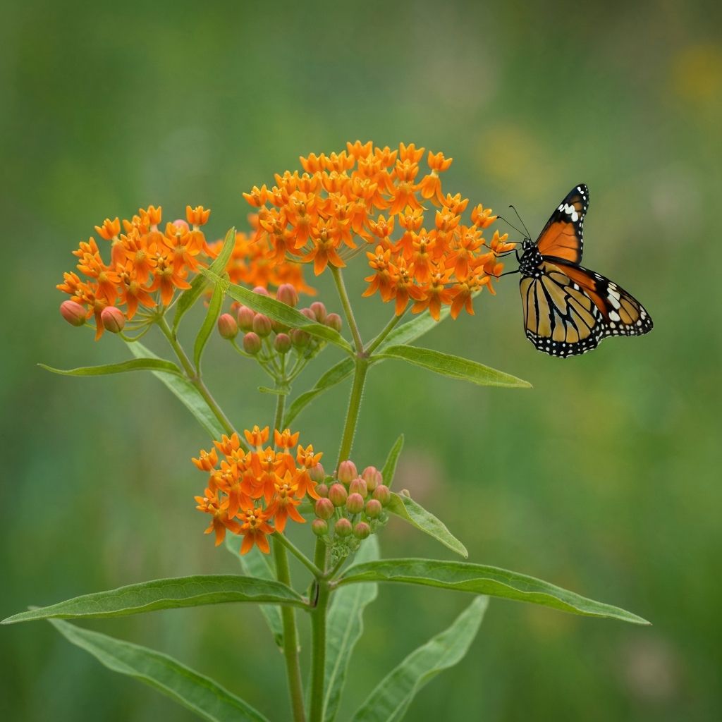 Butterfly Weed Milkweed with orange flower clusters and monarch butterfly